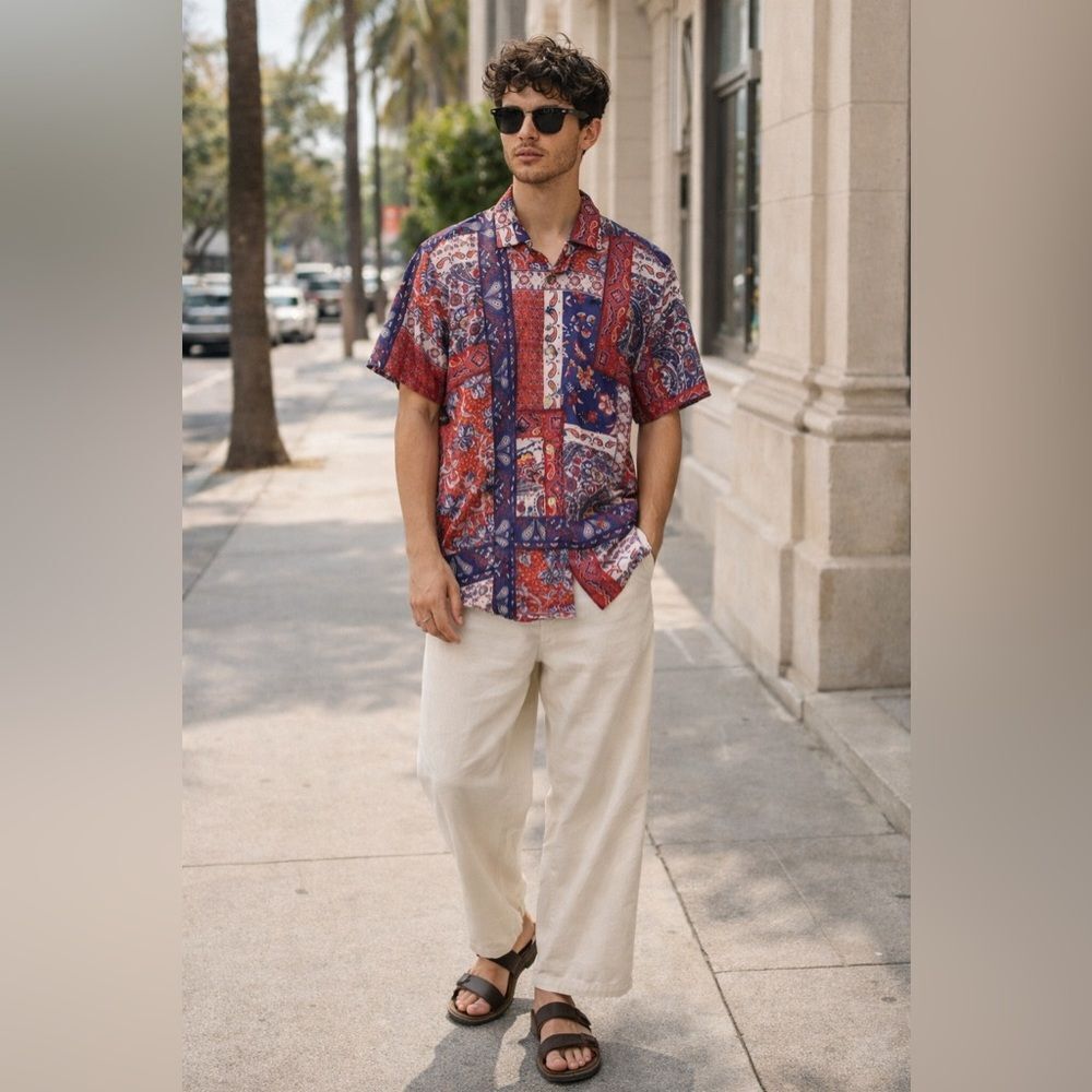 BOGOSSE Patchwork Paisley Short Sleeve Button Up Cotton Boho Festival